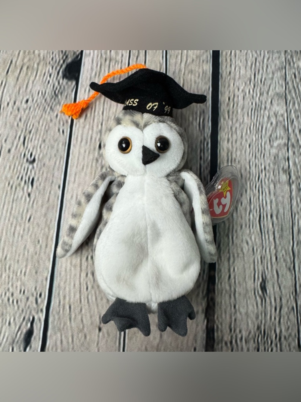 TY Beanie Babies Grey White Wiser Owl Plush Black Graduation Cap Class of 99’